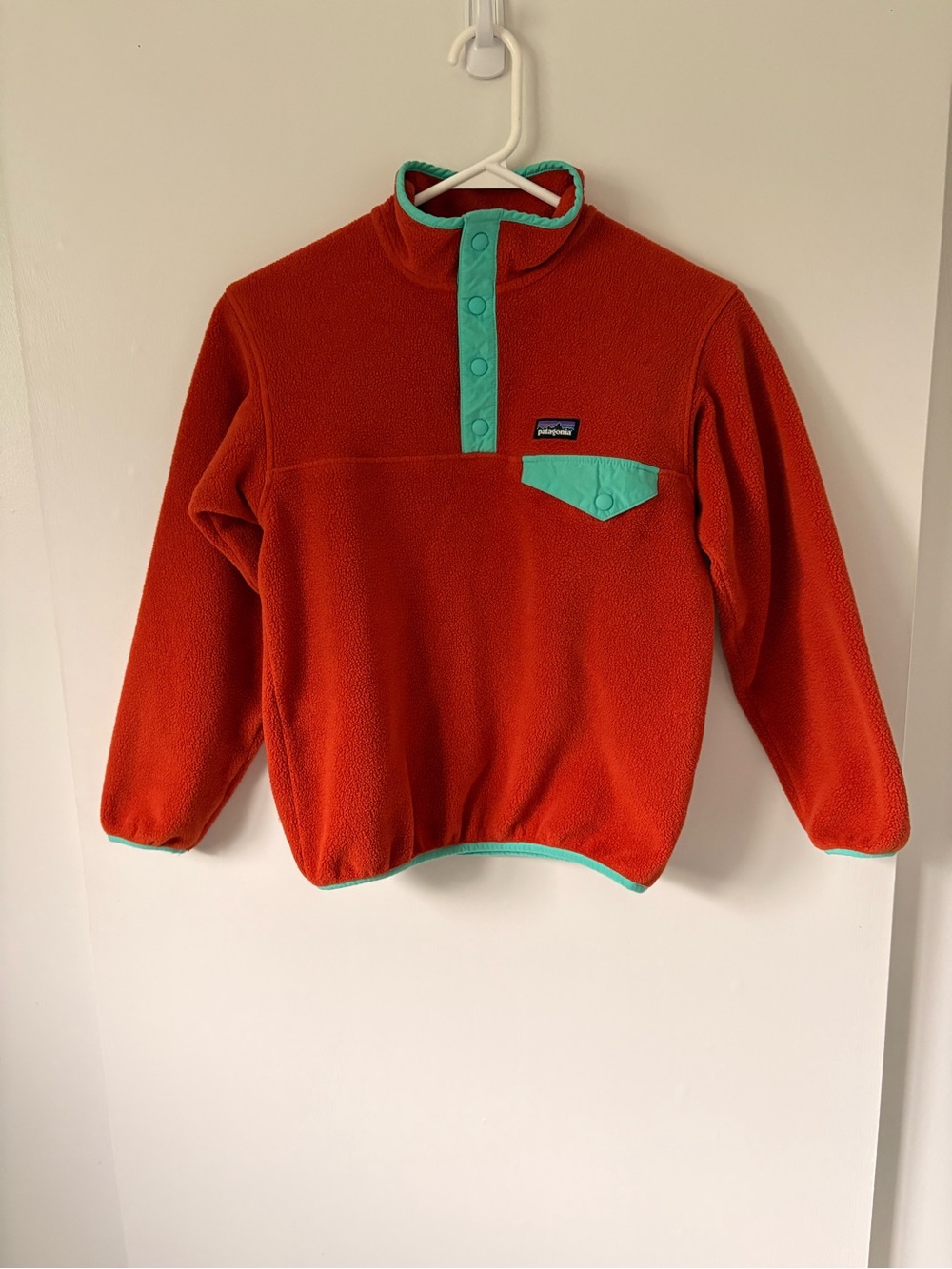 Patagonia Synchilla Kids M Fleece Snap-T Pullover Jacket Pockets Orange/Teal